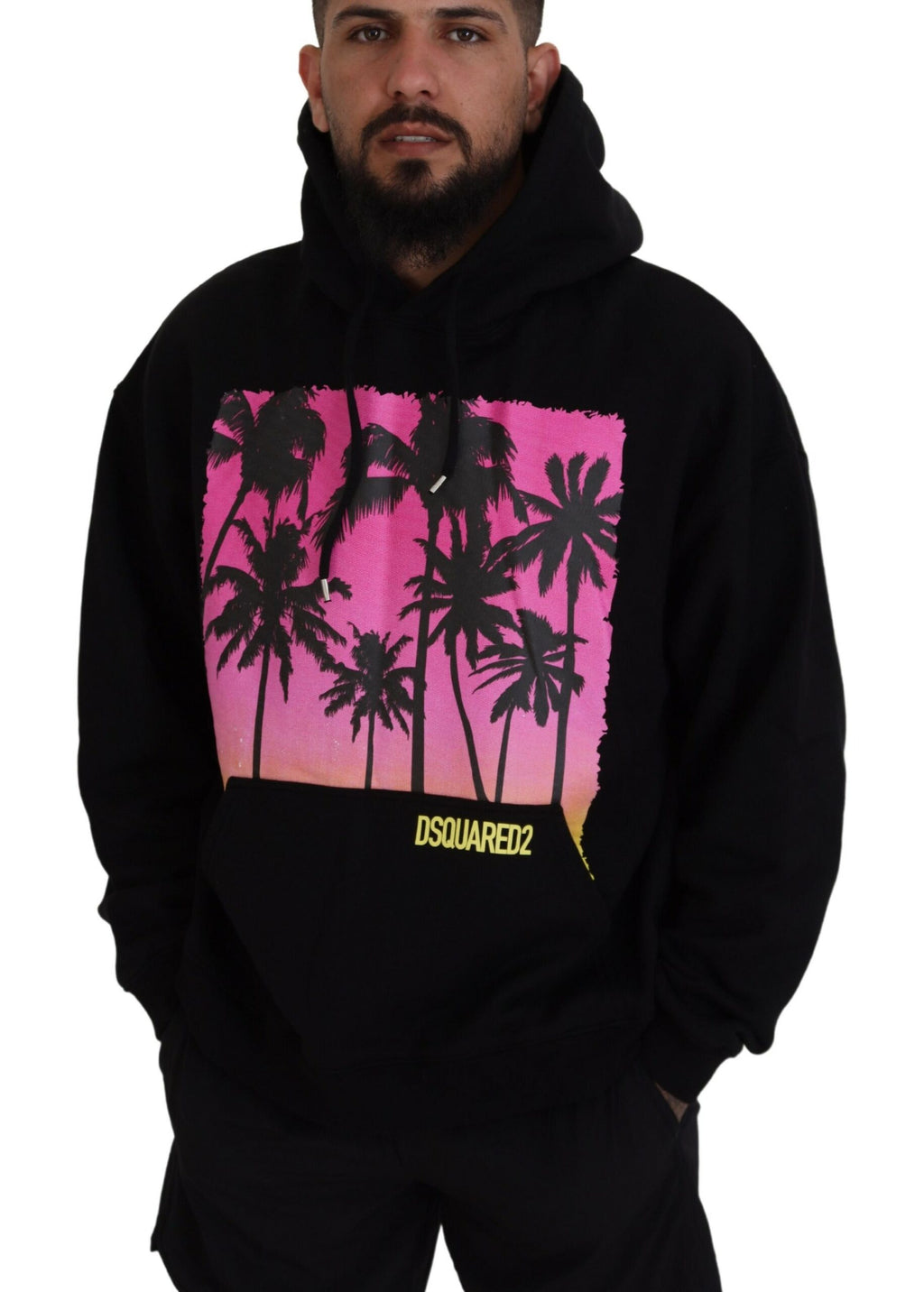 Dsquared² Schwarzer Baumwollpullover mit Kapuze, bedruckt, Herrenpullover