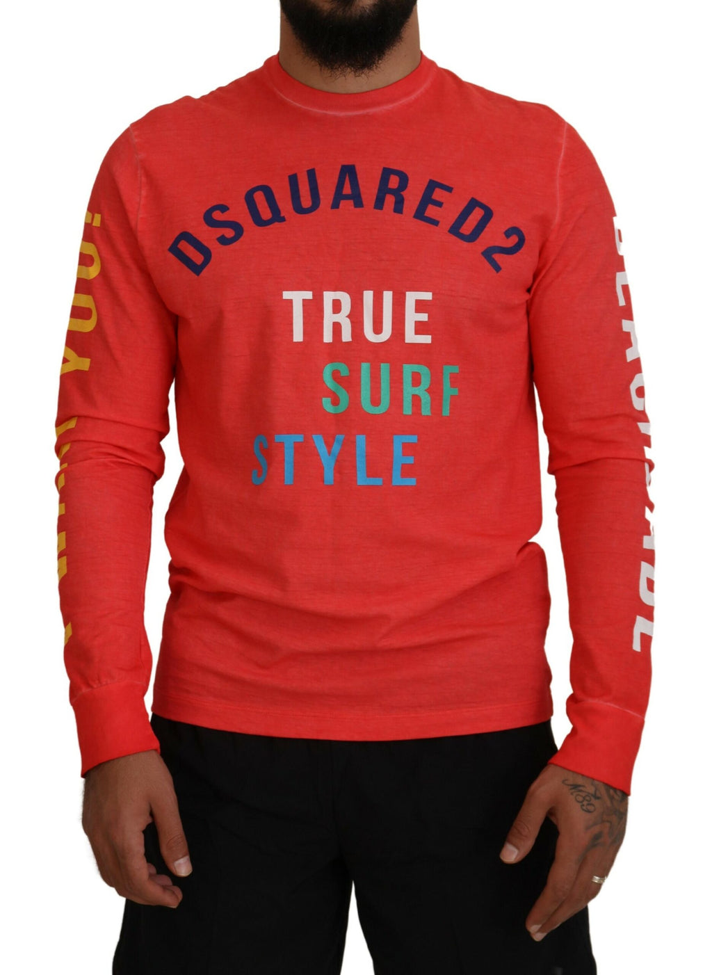 Dsquared² Orangefarbenes bunt bedrucktes Langarm-T-Shirt