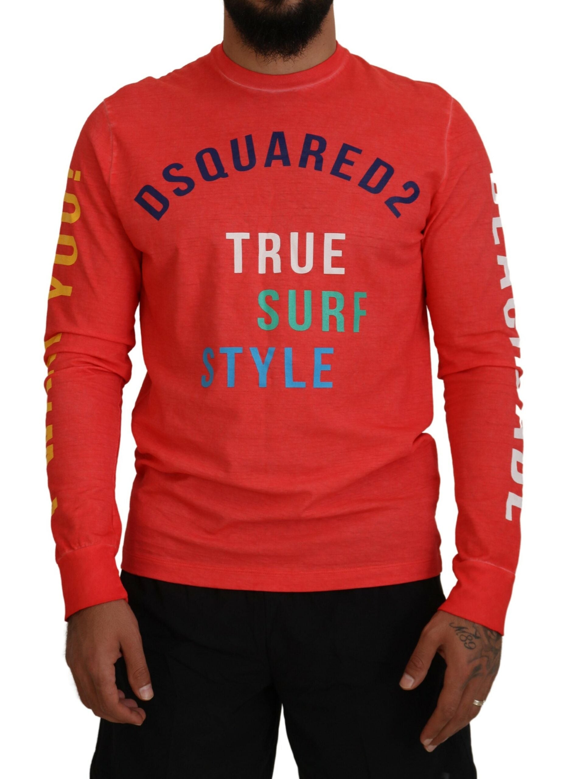 Dsquared² Orangefarbenes bunt bedrucktes Langarm-T-Shirt