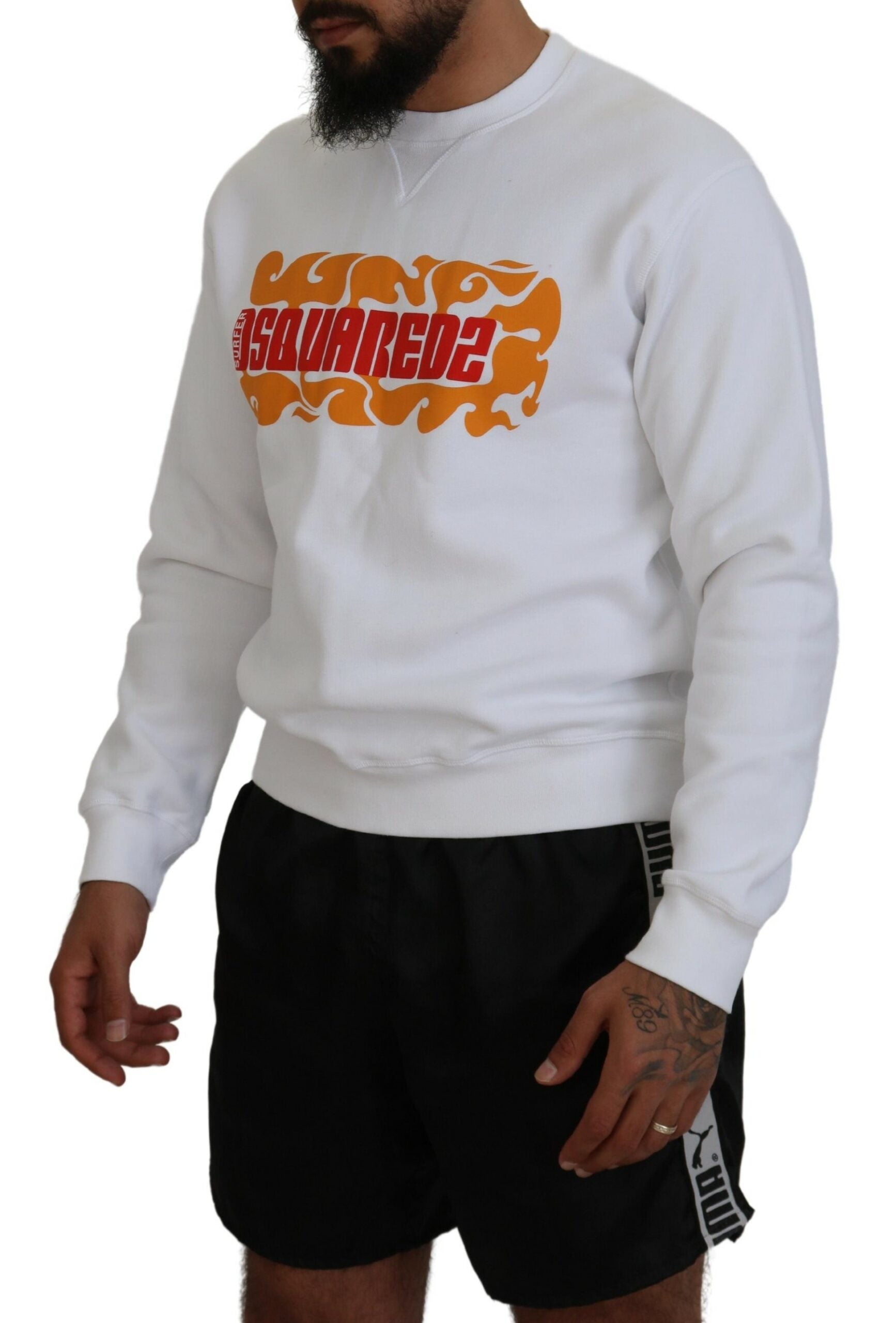 Dsquared² Weißer bedruckter Baumwollpullover mit langen Ärmeln