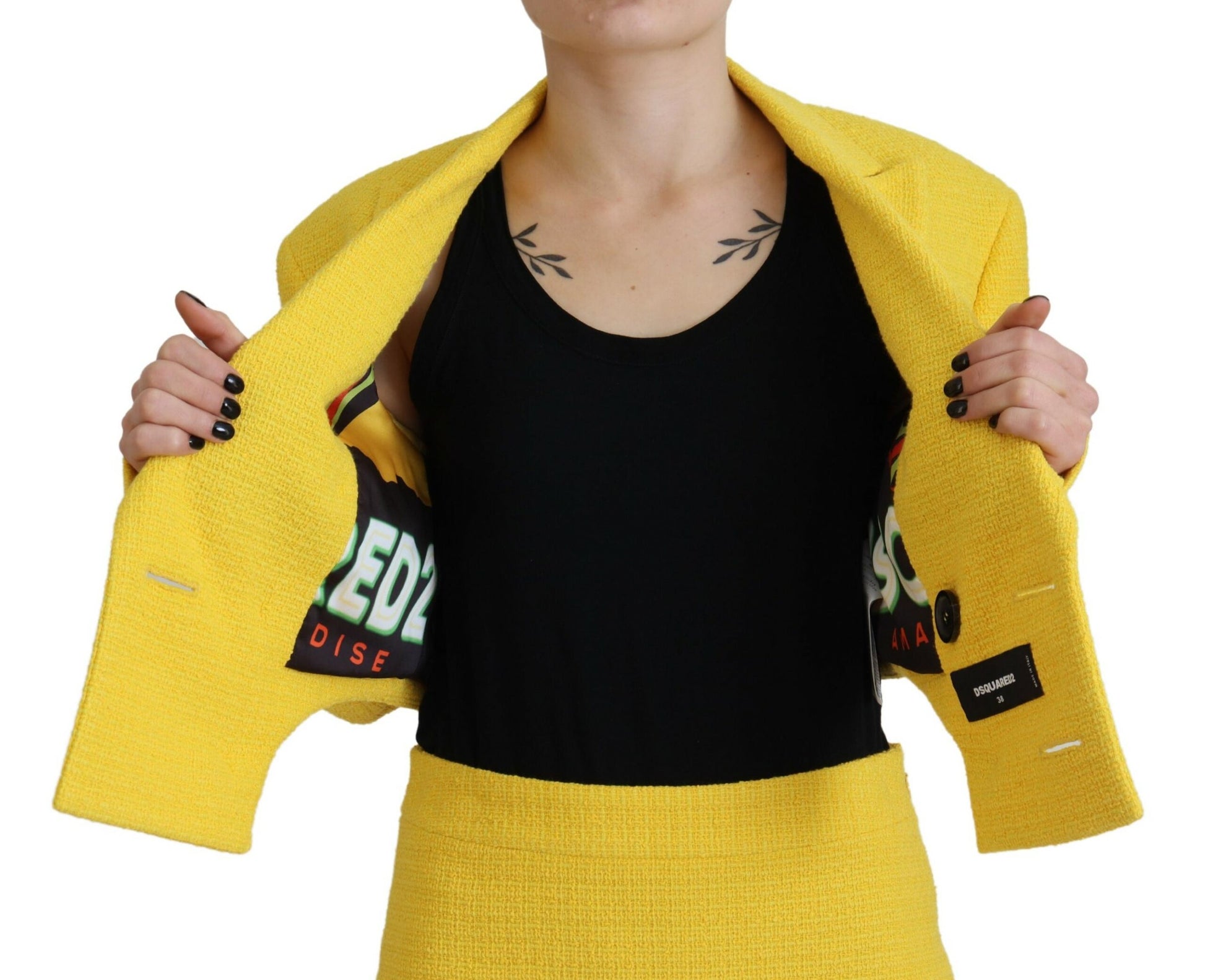 Dsquared² Gelbes doppelreihiges Mini-Anzug-Blazer-Rock-Set