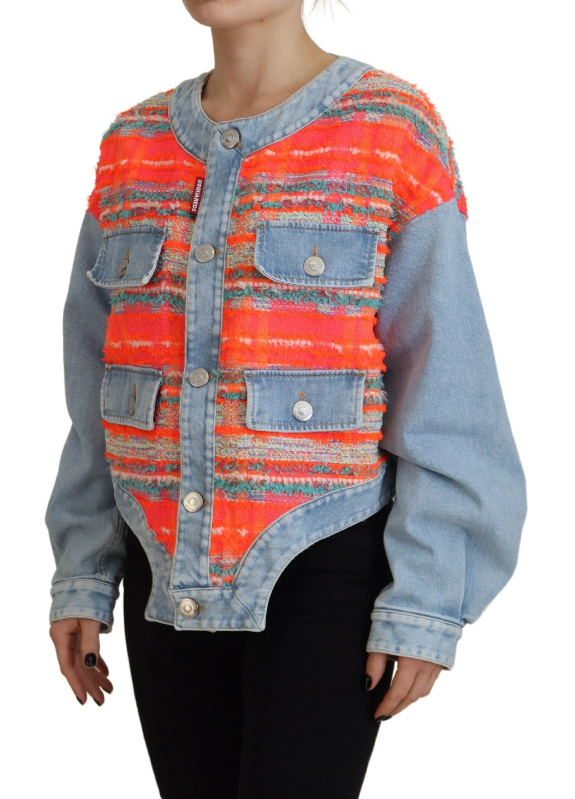 Dsquared² Orange Blau getäfelte Jeansjacke mit Knopfleiste
