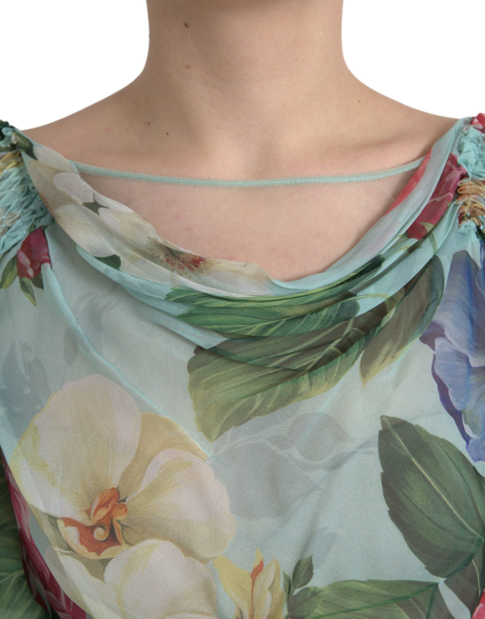 Dolce & Gabbana Blaues gestuftes Maxikleid mit Blumendruck