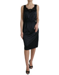 Dolce & Gabbana Schwarzes Polyester-Scheidenkleid mit Spitzenbesatz, Midi-Länge