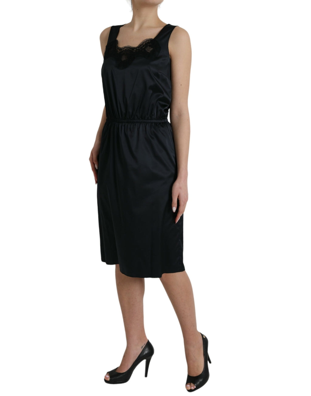 Dolce & Gabbana Schwarzes Polyester-Scheidenkleid mit Spitzenbesatz, Midi-Länge