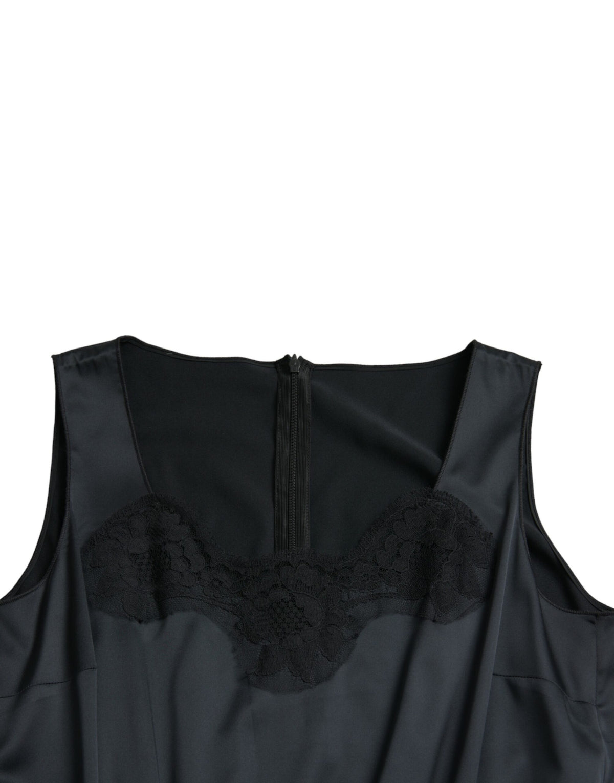 Dolce & Gabbana Schwarzes Polyester-Scheidenkleid mit Spitzenbesatz, Midi-Länge