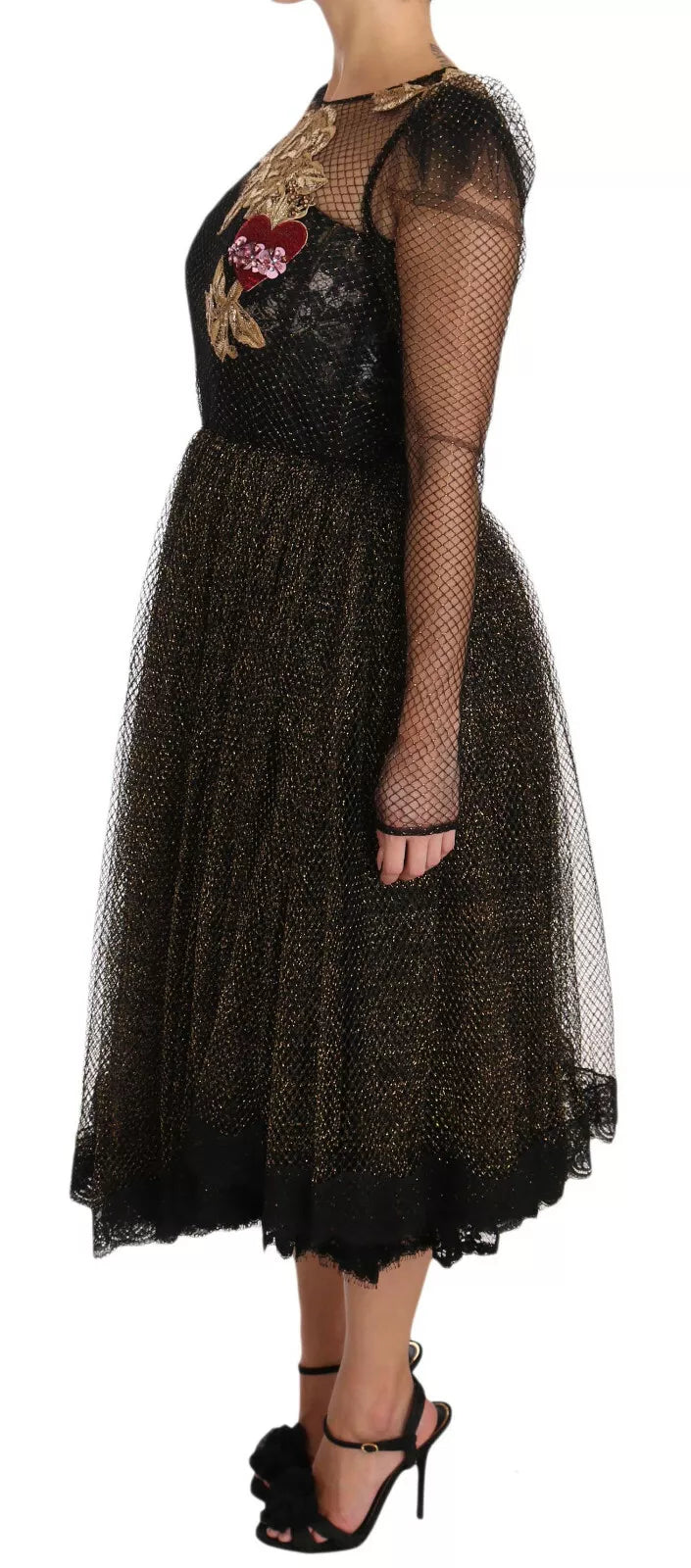 Dolce & Gabbana Schwarz Gold Kristall Herz A-Linien Kleid