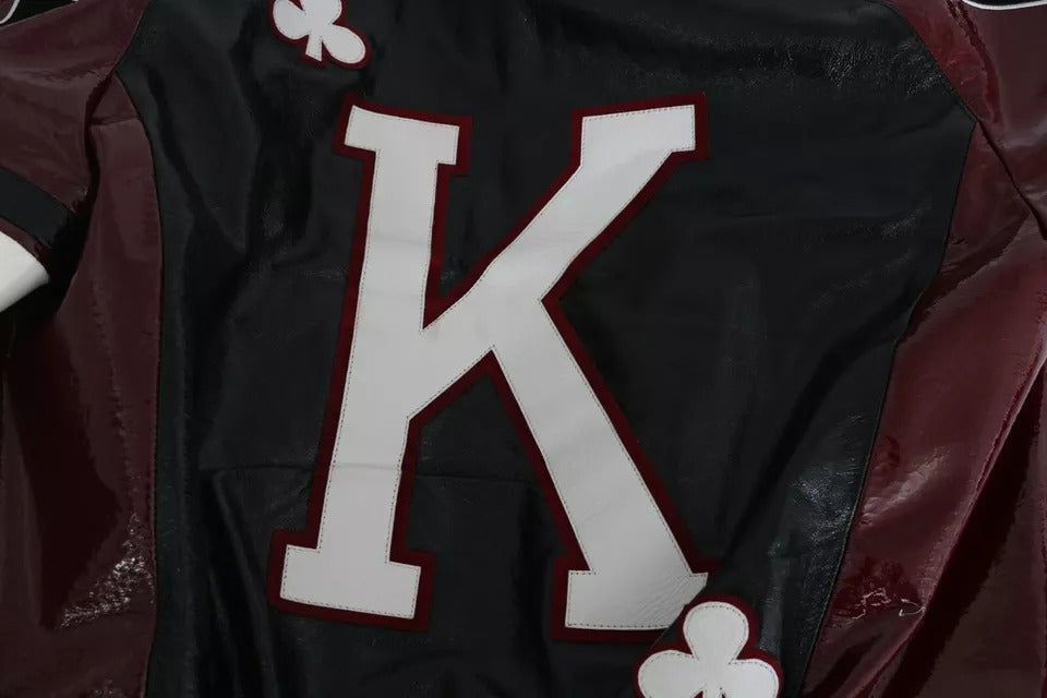 Dolce & Gabbana Schwarze bordeauxfarbene Lederjacke mit Kapuze DG King of Love