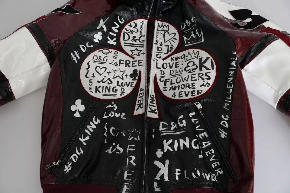Dolce & Gabbana Schwarze bordeauxfarbene Lederjacke mit Kapuze DG King of Love