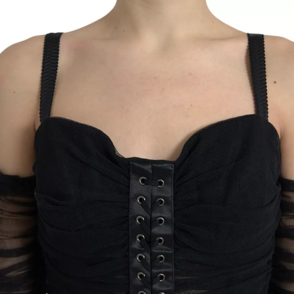 Dolce & Gabbana Schwarzes Midikleid mit kalten Schultern aus Stretch-Tüll