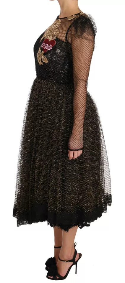 Dolce & Gabbana Schwarz Gold Kristall Herz A-Linien Kleid