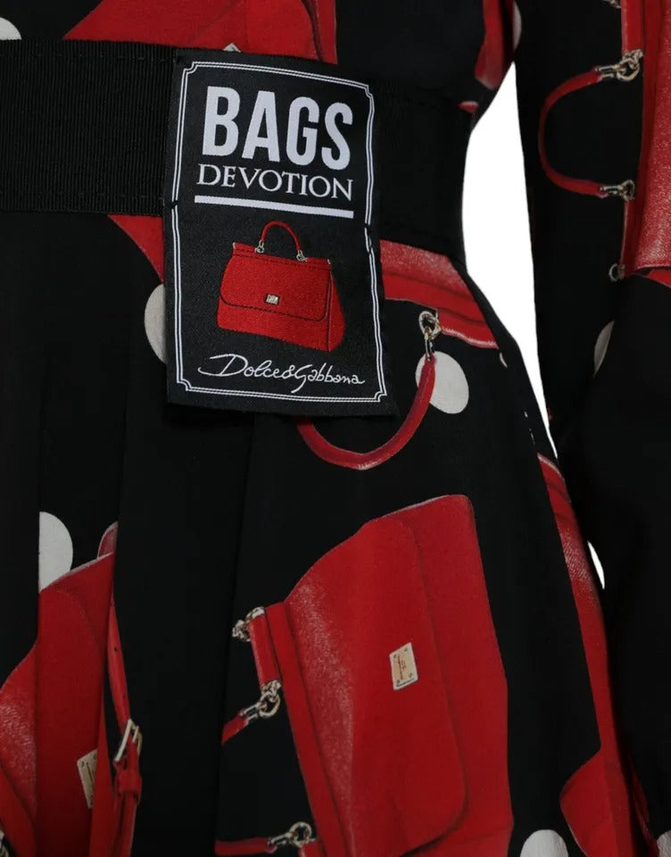 Dolce & Gabbana Schwarzes Sicily Bag Print ausgestelltes Midikleid