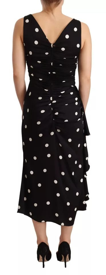 Dolce & Gabbana Schwarzes Seiden-Polka-Dots-Midikleid mit V-Ausschnitt