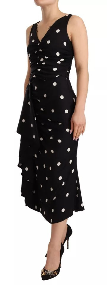 Dolce & Gabbana Schwarzes Seiden-Polka-Dots-Midikleid mit V-Ausschnitt