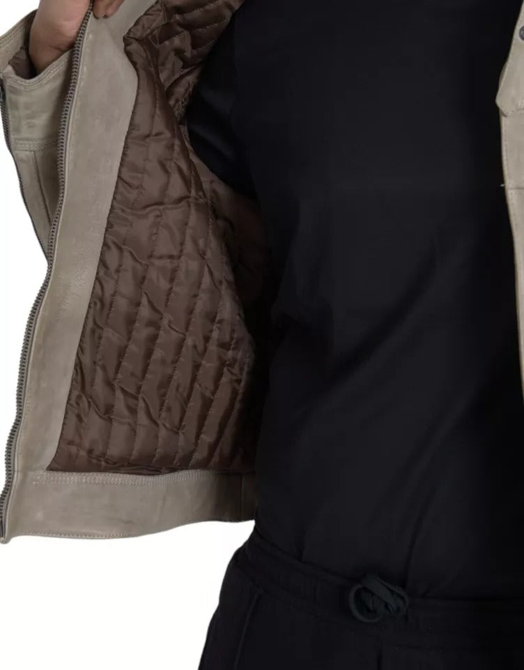 Dolce & Gabbana Beige Leder Bikermantel Jacke mit Reißverschluss