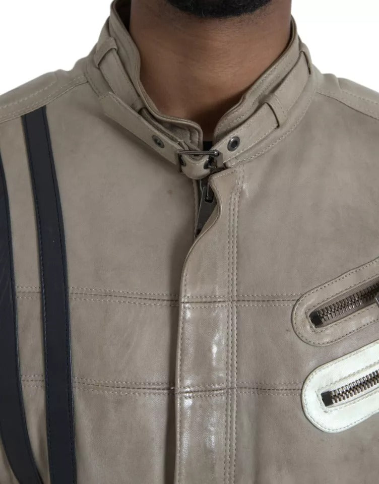Dolce & Gabbana Beige Leder Bikermantel Jacke mit Reißverschluss