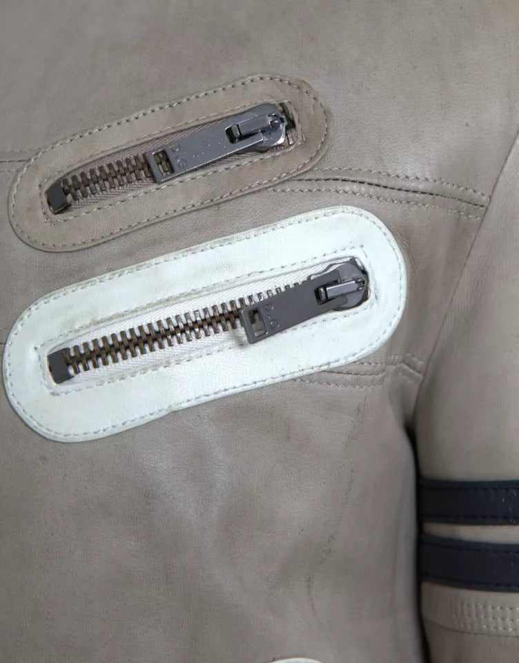 Dolce & Gabbana Beige Leder Bikermantel Jacke mit Reißverschluss