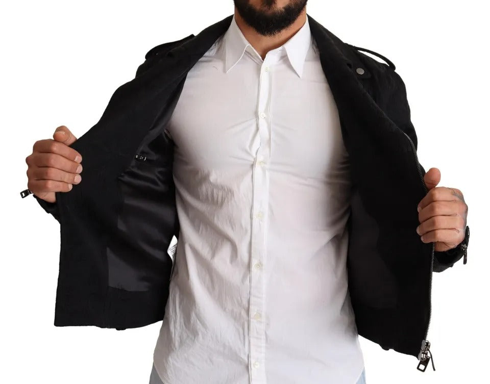Dolce & Gabbana Schwarzer Brokat Mantel mit durchgehendem Reißverschluss Biker Jacke