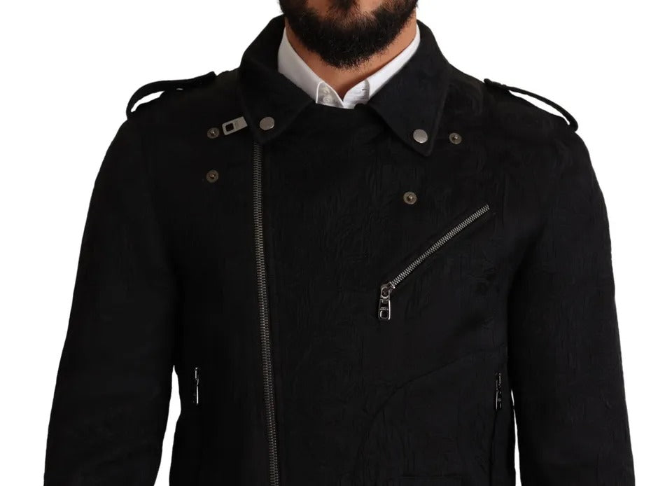 Dolce & Gabbana Schwarzer Brokat Mantel mit durchgehendem Reißverschluss Biker Jacke