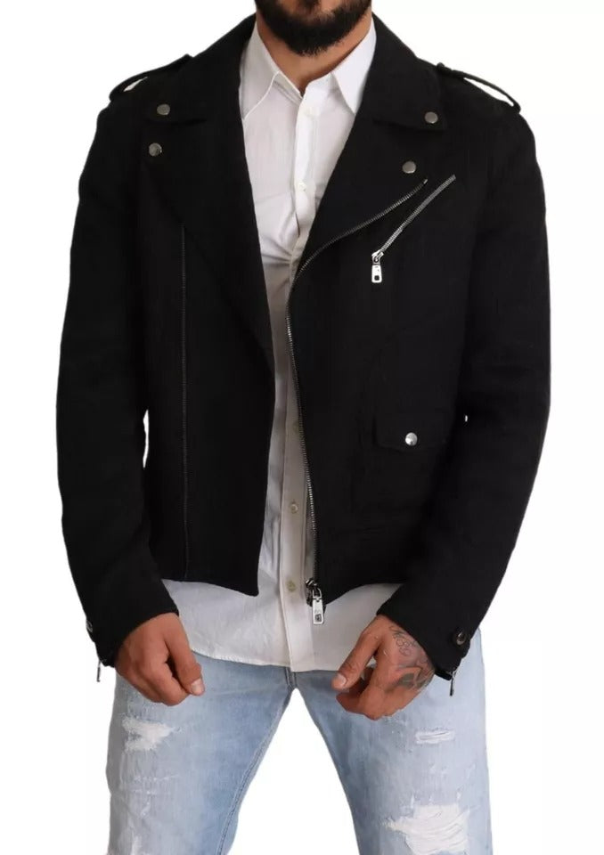 Dolce & Gabbana Schwarzer Brokat Mantel mit durchgehendem Reißverschluss Biker Jacke