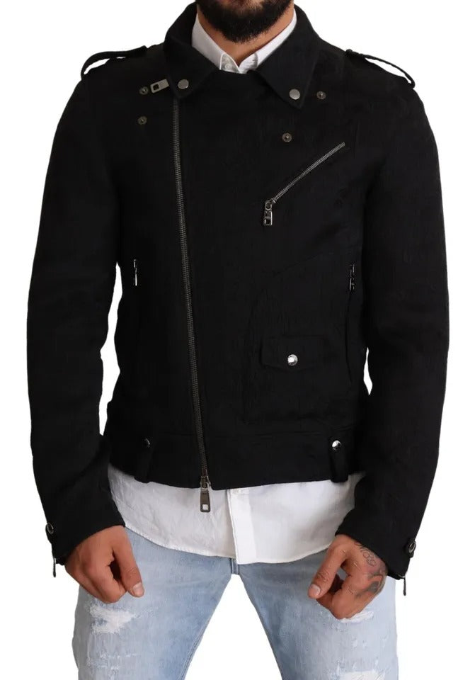 Dolce & Gabbana Schwarzer Brokat Mantel mit durchgehendem Reißverschluss Biker Jacke