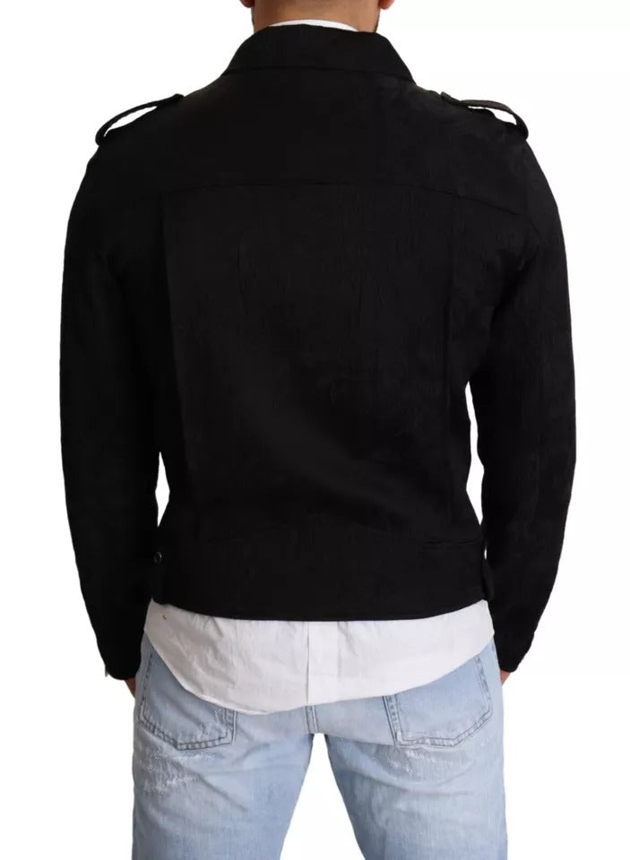 Dolce & Gabbana Schwarzer Brokat Mantel mit durchgehendem Reißverschluss Biker Jacke