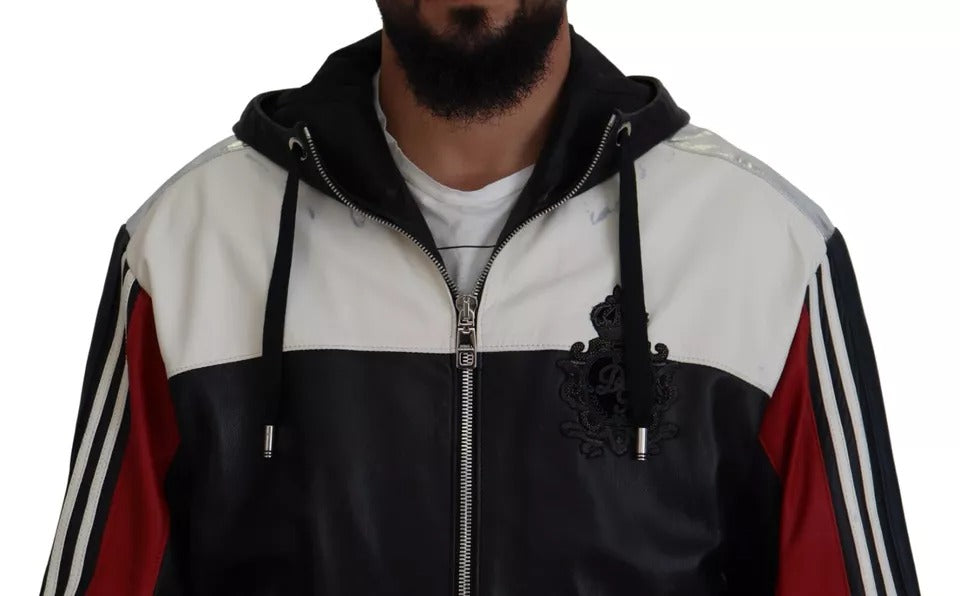 Dolce & Gabbana Schwarzer Leder Blousonmantel mit Kapuze Jacke