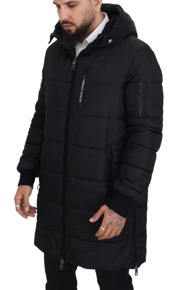 Dolce & Gabbana Schwarzer Nylon-Parka-Mantel mit Kapuze Winterjacke