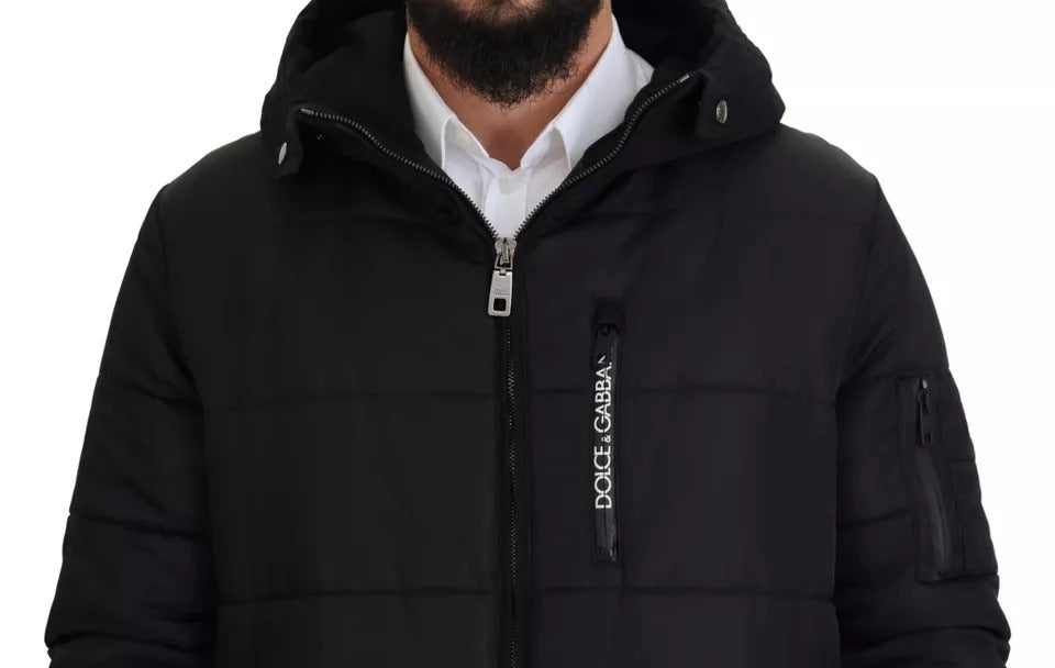 Dolce & Gabbana Schwarzer Nylon-Parka-Mantel mit Kapuze Winterjacke