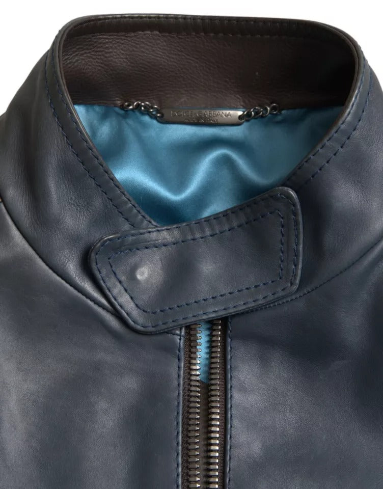 Dolce & Gabbana Blaue Biker-Blousonjacke mit durchgehendem Reißverschluss aus Leder