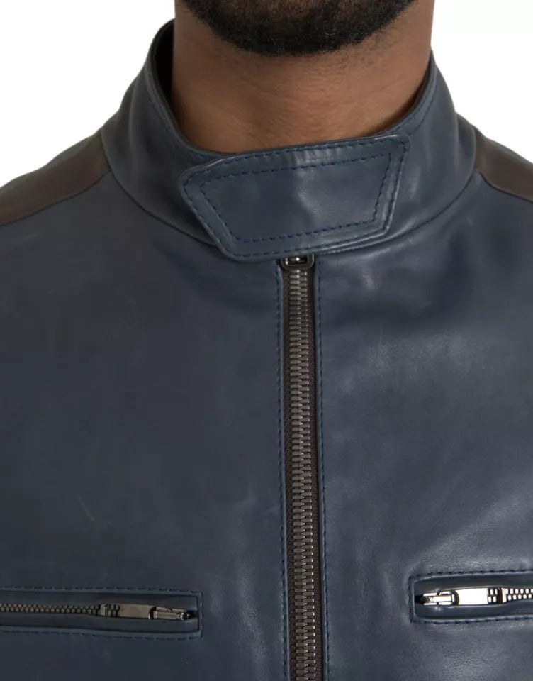 Dolce & Gabbana Blaue Biker-Blousonjacke mit durchgehendem Reißverschluss aus Leder