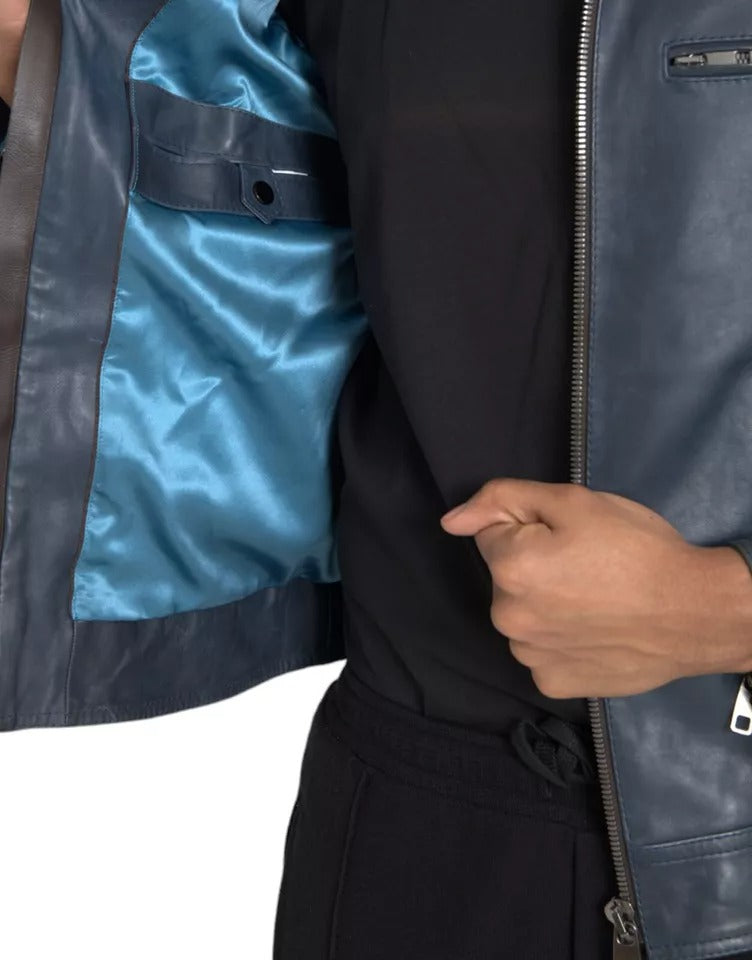 Dolce & Gabbana Blaue Biker-Blousonjacke mit durchgehendem Reißverschluss aus Leder