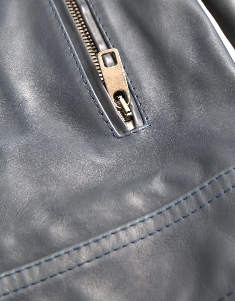 Dolce & Gabbana Blaue Biker-Blousonjacke mit durchgehendem Reißverschluss aus Leder