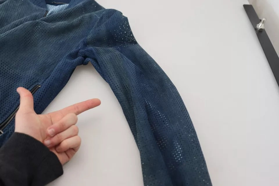 Dolce & Gabbana Perforierte Jacke mit durchgehendem Reißverschluss aus blauem Leder