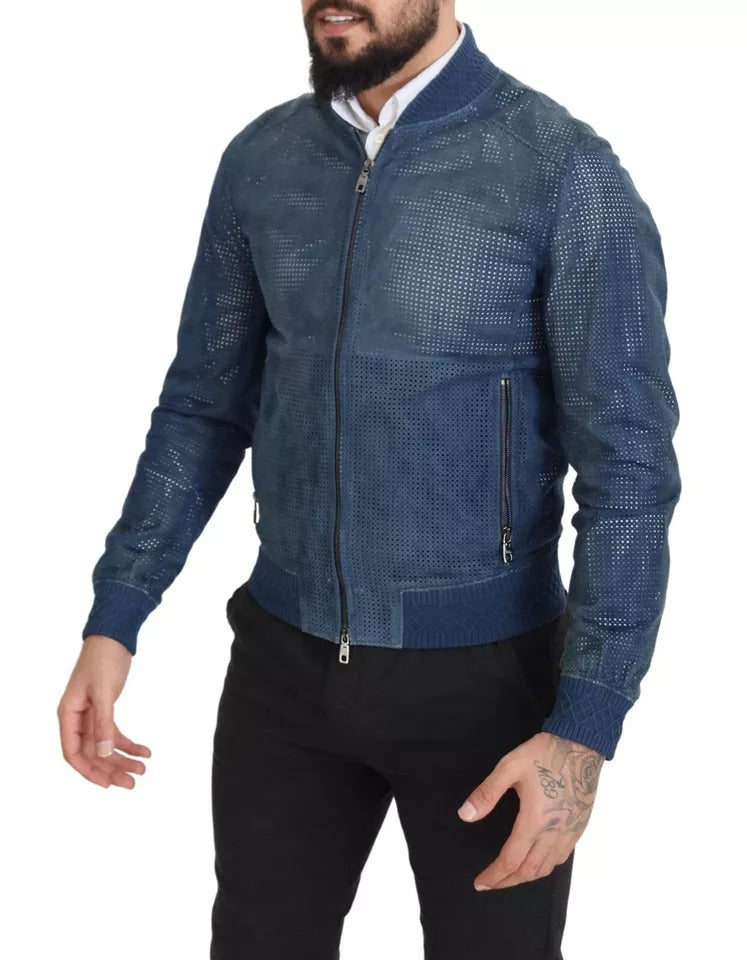 Dolce & Gabbana Perforierte Jacke mit durchgehendem Reißverschluss aus blauem Leder
