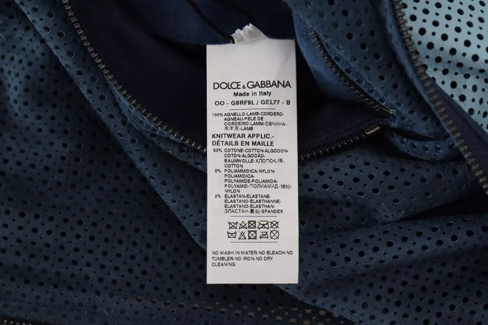 Dolce & Gabbana Perforierte Jacke mit durchgehendem Reißverschluss aus blauem Leder