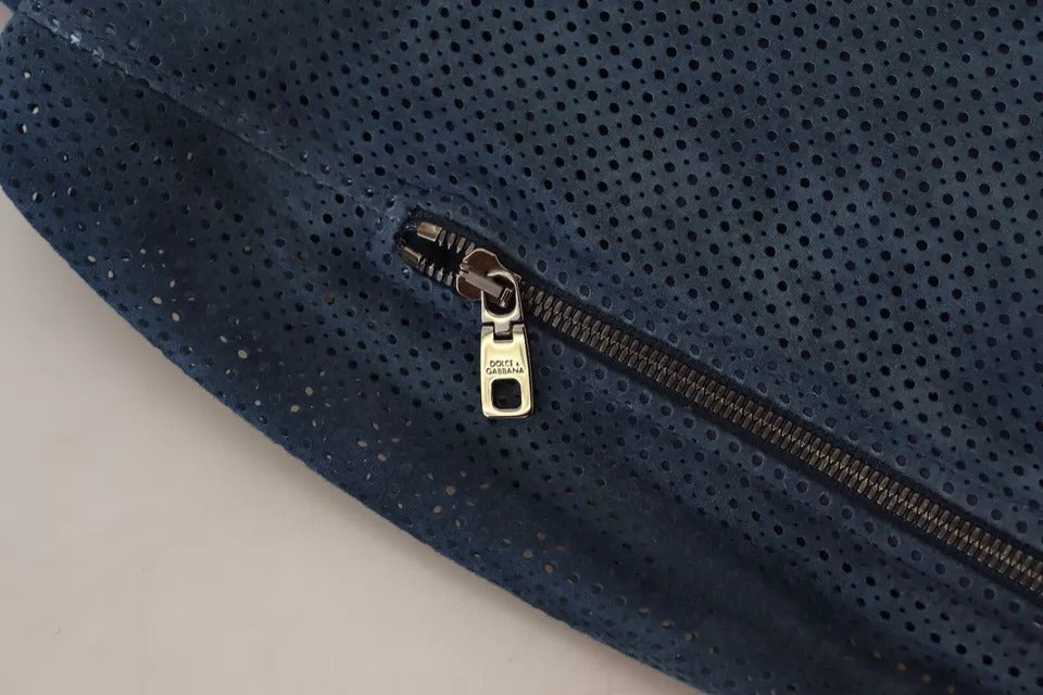Dolce & Gabbana Perforierte Jacke mit durchgehendem Reißverschluss aus blauem Leder