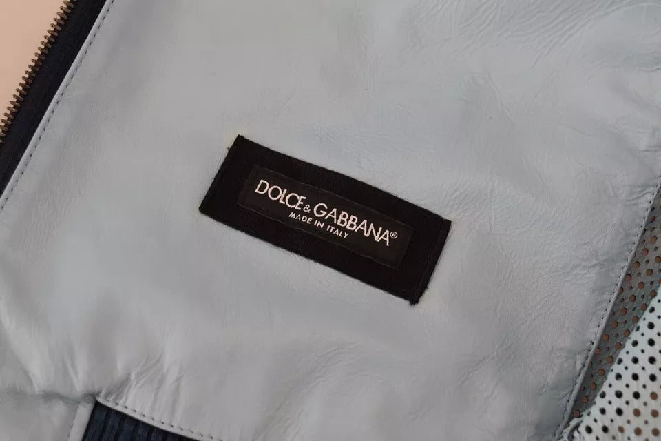 Dolce & Gabbana Perforierte Jacke mit durchgehendem Reißverschluss aus blauem Leder