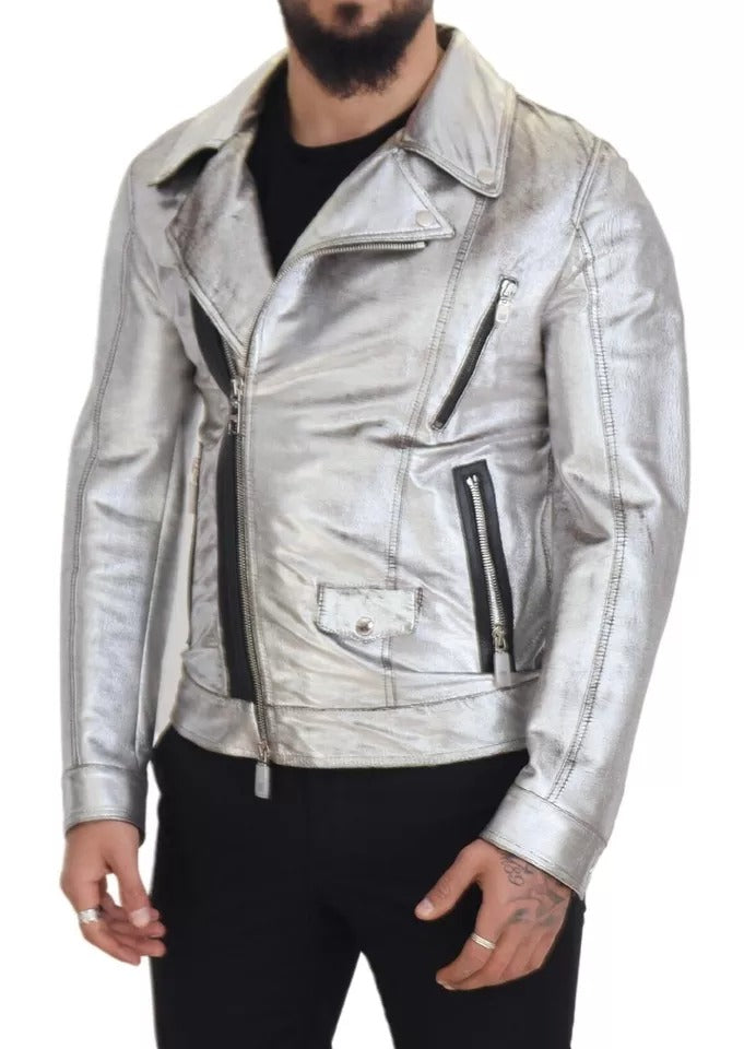 Dolce & Gabbana Silberner Leder Bikermantel Lammfelljacke
