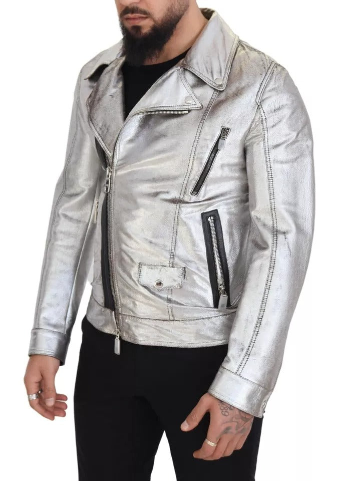 Dolce & Gabbana Silberner Leder Bikermantel Lammfelljacke