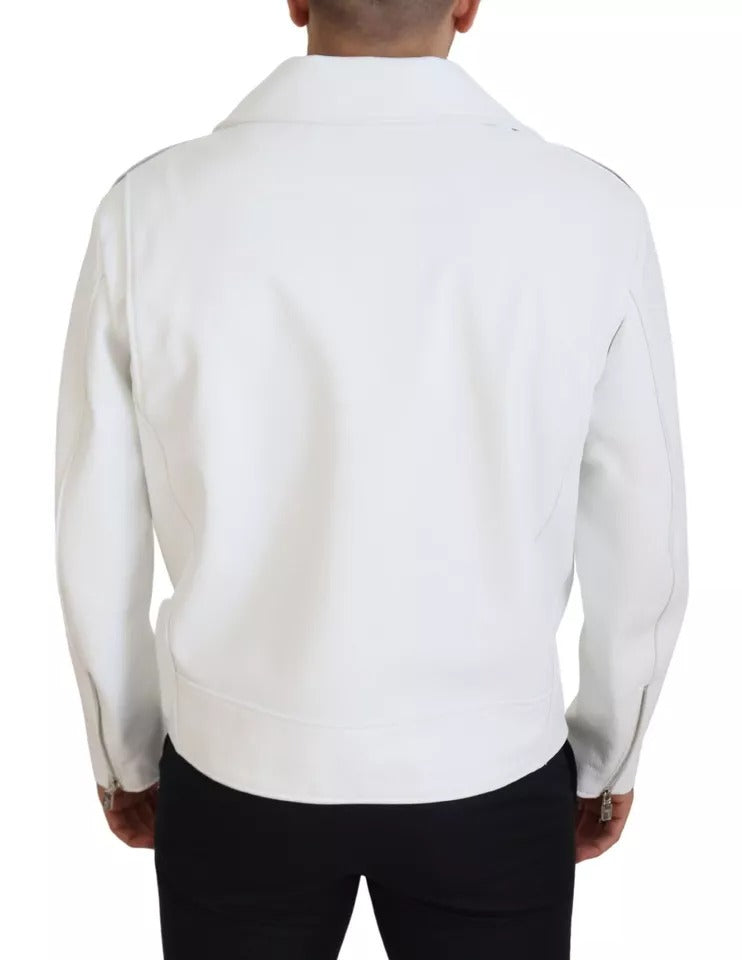 Dolce & Gabbana Weißer Leder Bikermantel Zipper Jacke