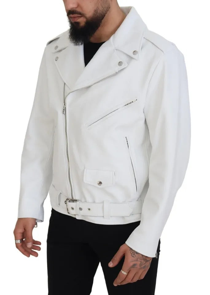Dolce & Gabbana Weißer Leder Bikermantel Zipper Jacke