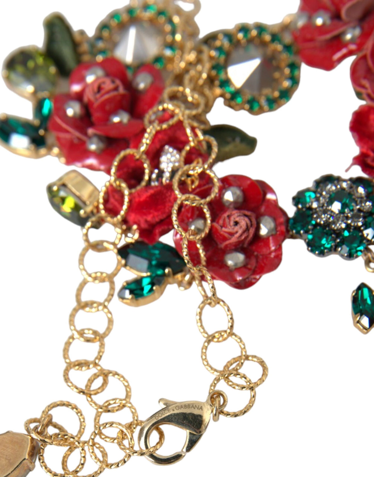 Dolce & Gabbana Goldene Messing-Gliederkette mit Rosenblatt-Kristallanhänger