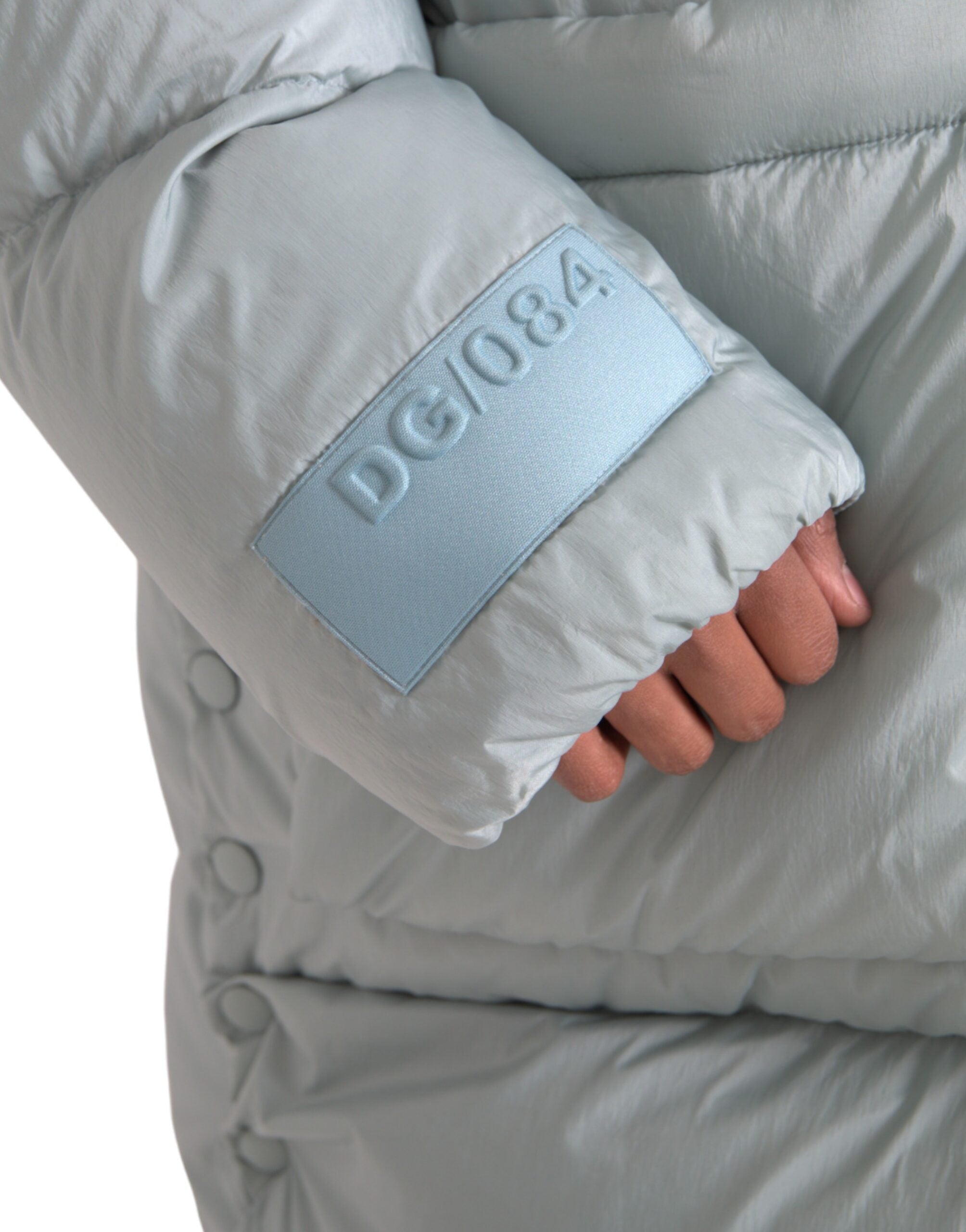 Dolce & Gabbana Hellblaue gesteppte Kapuzen-Pufferjacke Männer