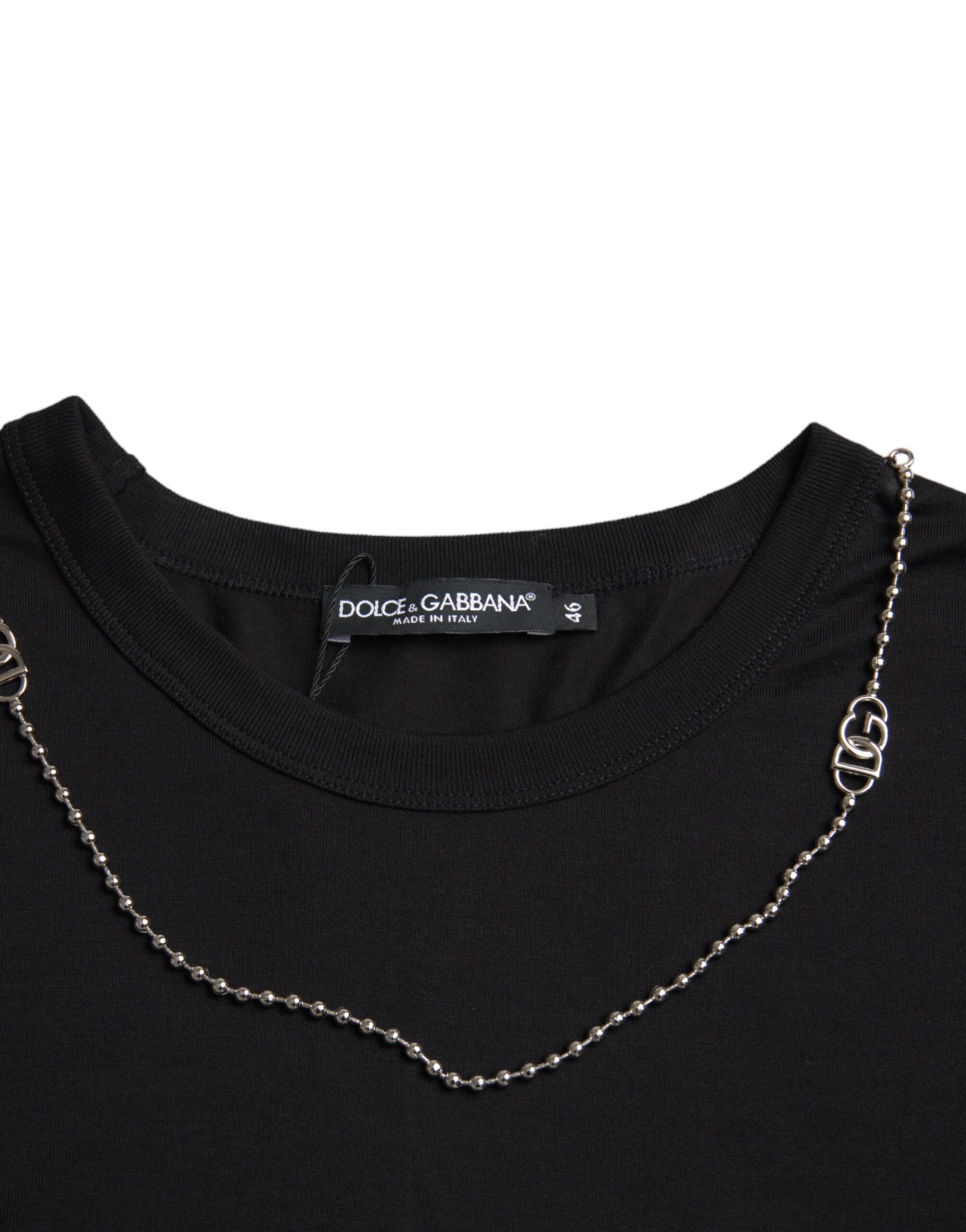 Dolce & Gabbana Schwarzes Baumwoll-Silberketten-T-Shirt mit kurzen Ärmeln