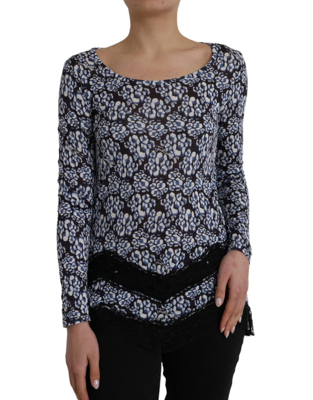 Just Cavalli Blaue florale Spitze mit langen Ärmeln Top Unterwäsche Bluse