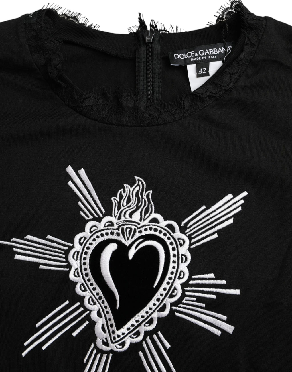 Dolce & Gabbana Schwarzes T-Shirt aus Baumwollspitze mit Sacred Heart Print