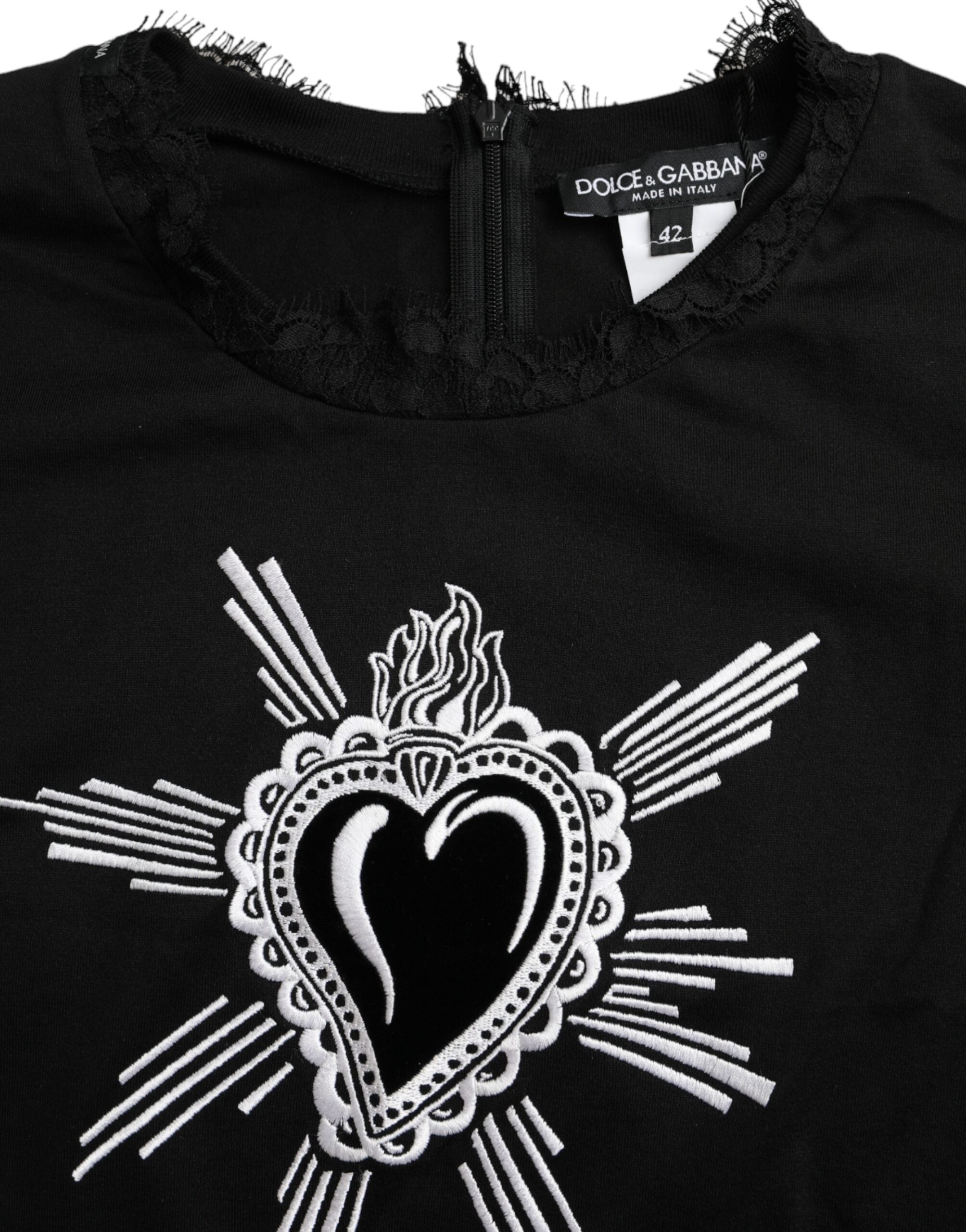 Dolce & Gabbana Schwarzes T-Shirt aus Baumwollspitze mit Sacred Heart Print
