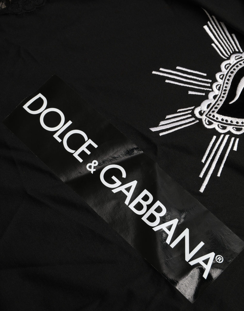 Dolce & Gabbana Schwarzes T-Shirt aus Baumwollspitze mit Sacred Heart Print