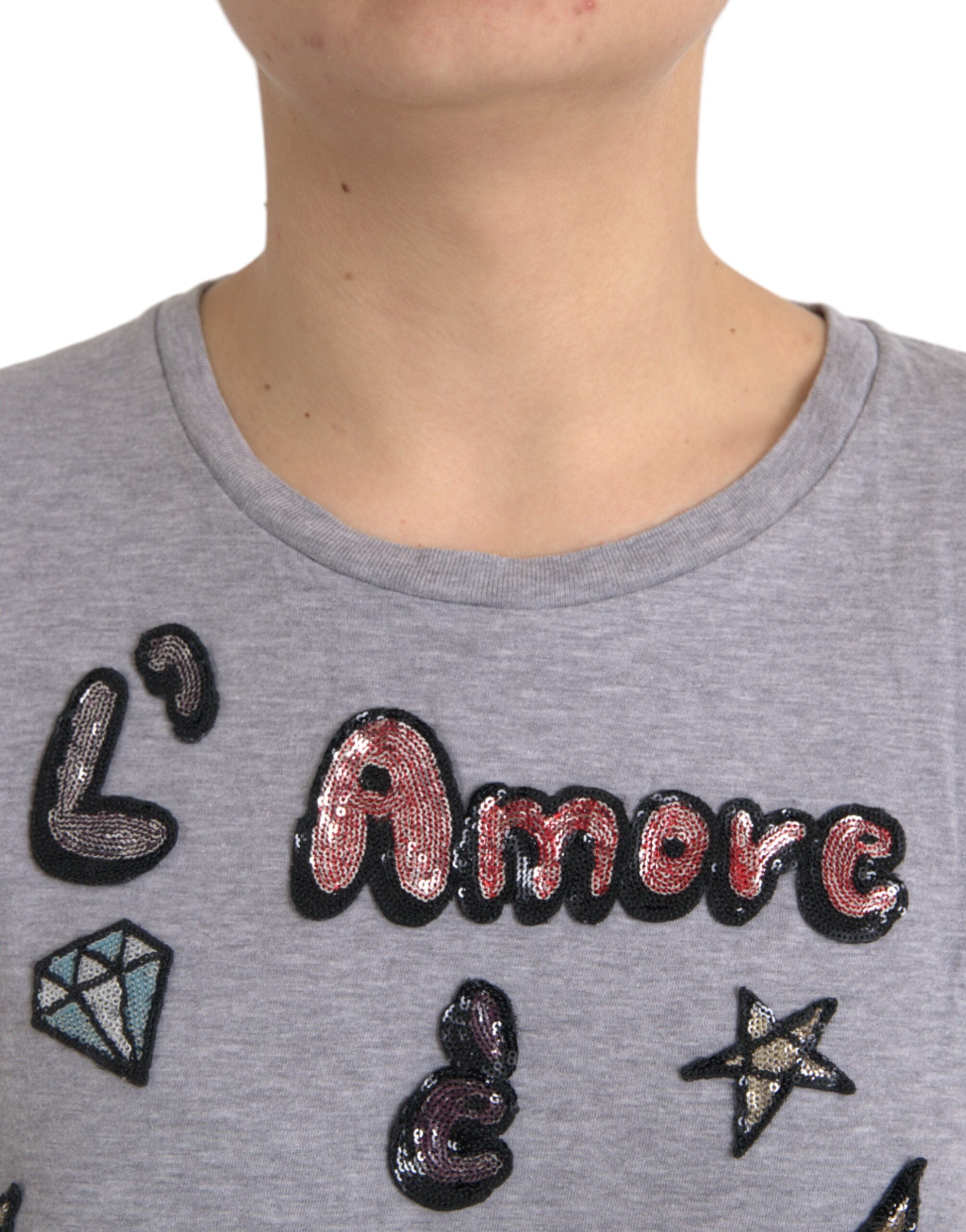 Dolce & Gabbana Graues Baumwoll-T-Shirt L'Amore E'Bellezza Top